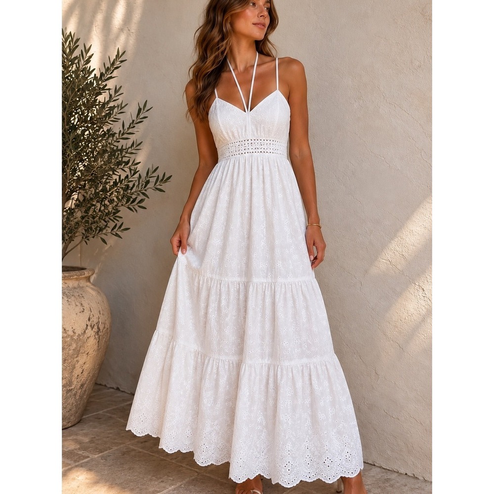 Guess White Eyelet Maxi Dress Cotton Cottagecore Euro Summer Resort Vacation S
